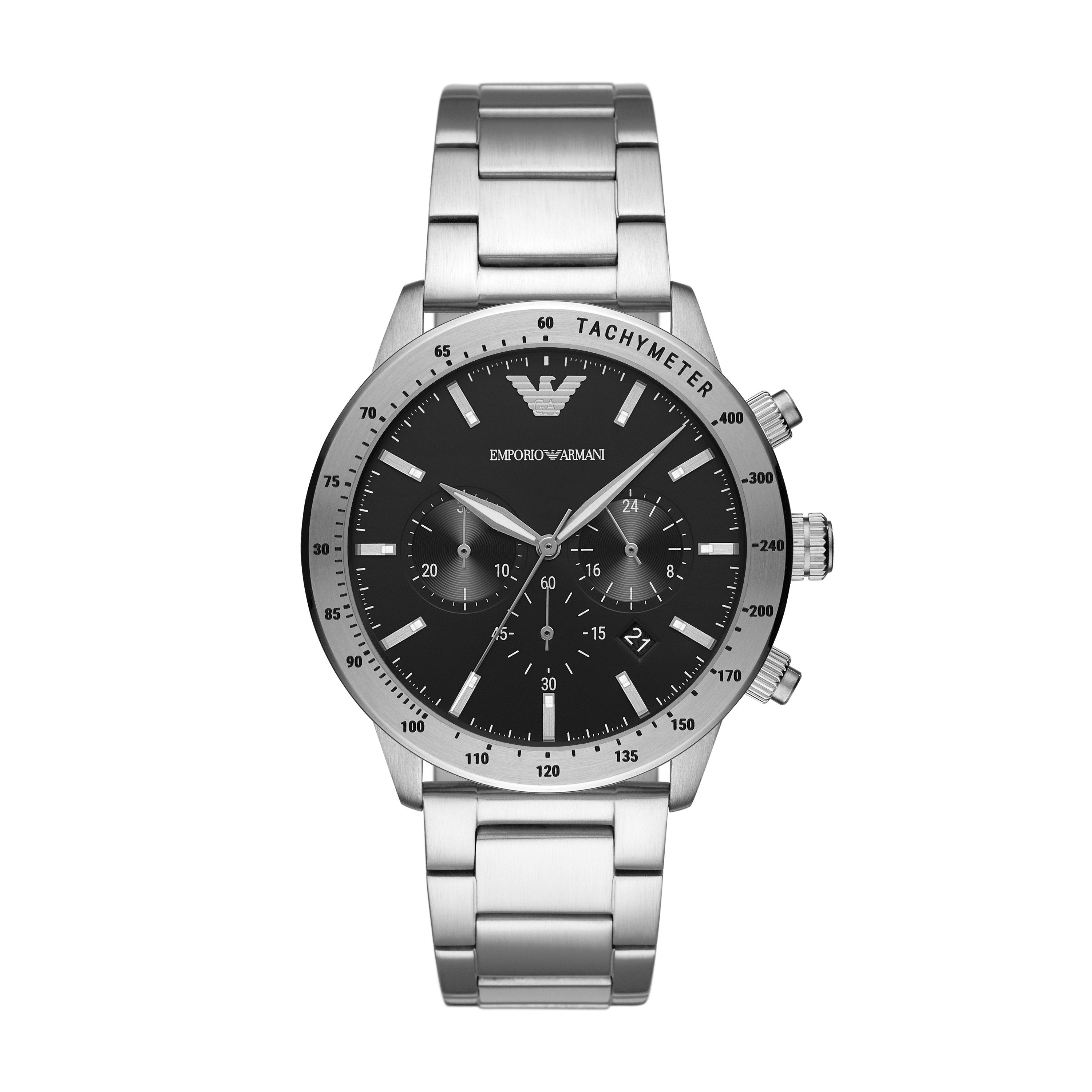 Emporio Armani Mario Quartz Silver Steel Black Dial 43mm Watch