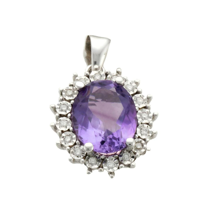 9ct White Gold Oval Amethyst & Diamond Pendant Necklace