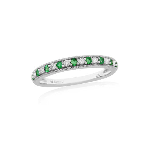 9ct White Gold Diamond & Emerald Half Eternity Ring