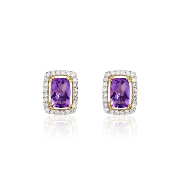 9ct Gold Octagonal 0.87ct Amethyst & 0.16ct Diamond Stud Earrings