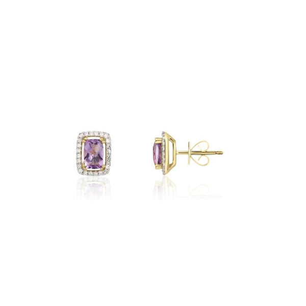 9ct Gold Octagonal 0.87ct Amethyst & 0.16ct Diamond Stud Earrings