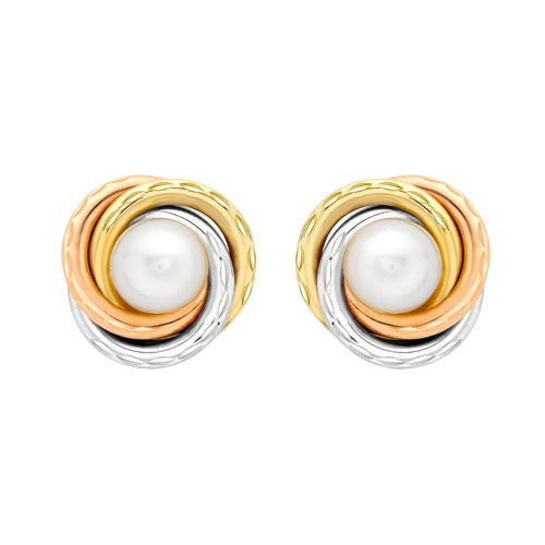 9ct Tri Gold Cultured Pearl Knot Stud Earrings