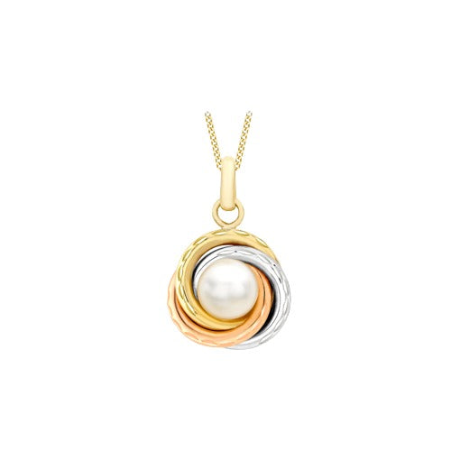 9ct Tri Colour Gold 6mm Diamond Cut Knot & Cultured Pearl Pendant Necklace