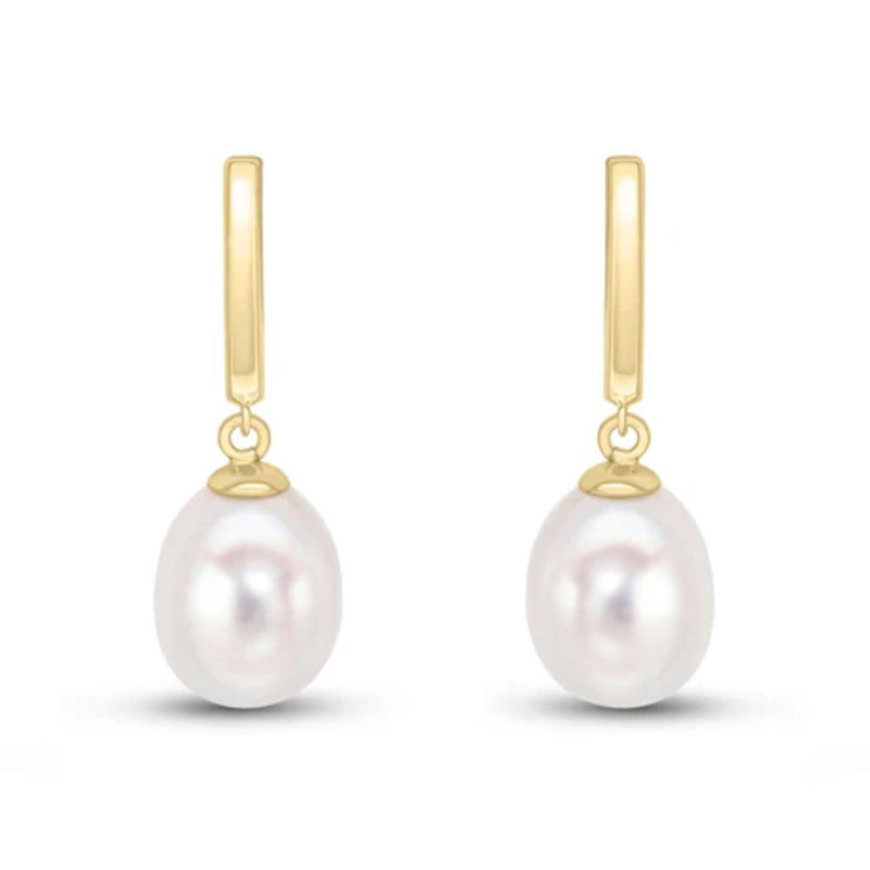 9ct Gold Curved Bar Freshwater Pearl Drop Earrings