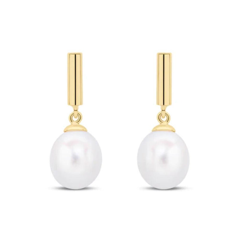 9ct Gold Cylinder Bar Freshwater Pearl Drop Earrings