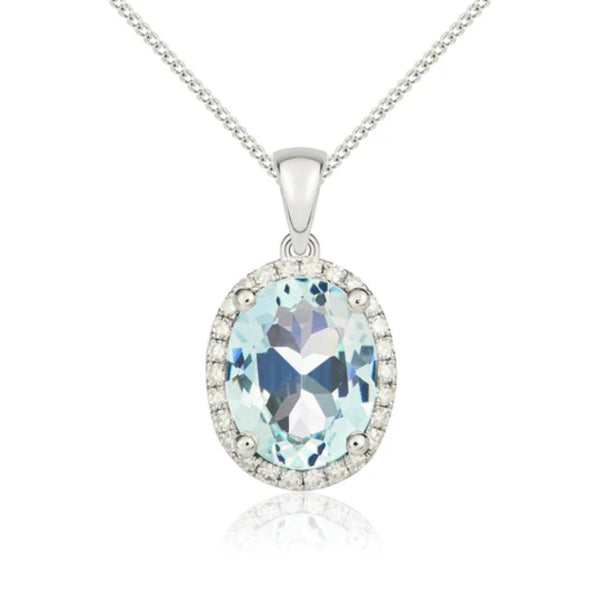 9ct White Gold 1.26ct Oval Aquamarine & 0.10ct Diamond Pendant Necklace