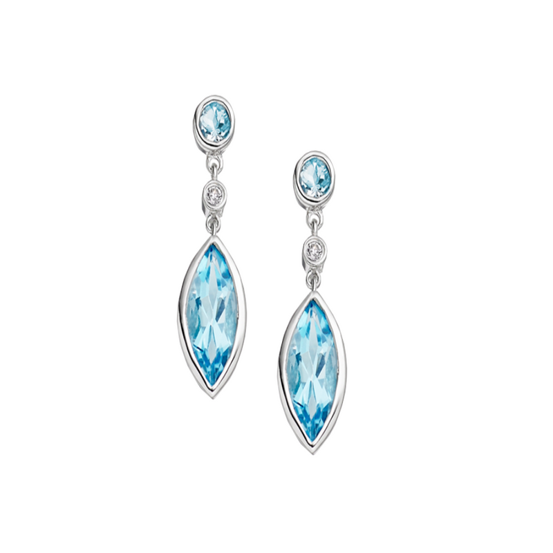 9ct White Gold Diamond & Blue Topaz Drop Earrings