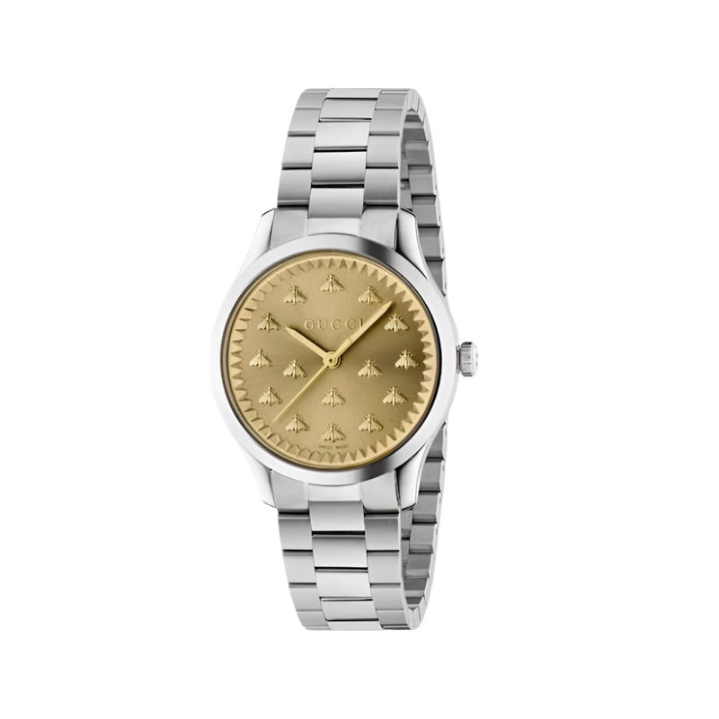 Gucci G-Timeless Quartz Silver Steel Gold Dial 32mm Watch YA1265035