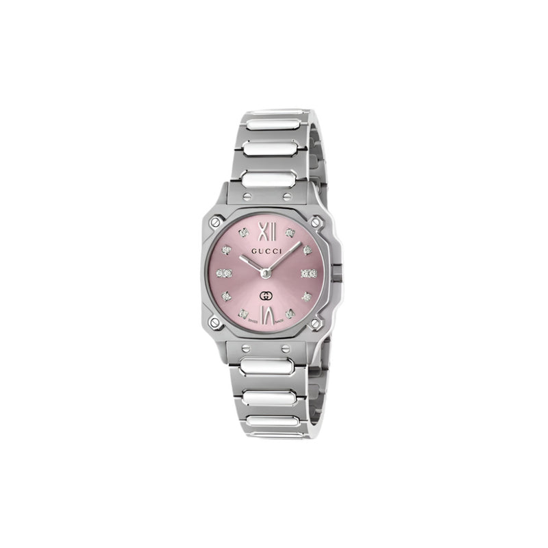 Gucci G-Flat Quartz Silver Steel Pink Dial 24mm Ladies Watch YA166501