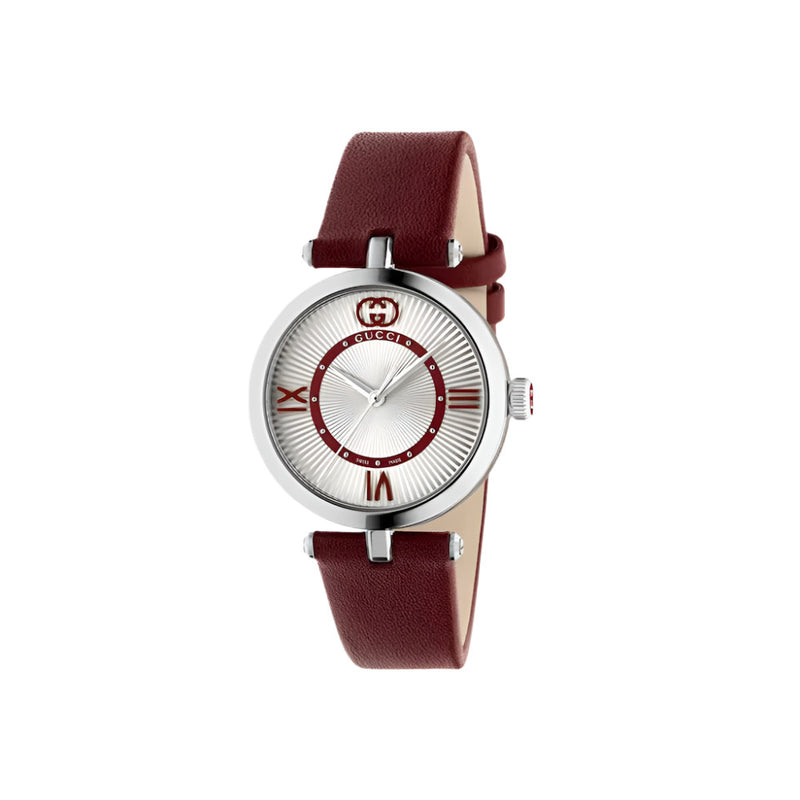 Gucci Model 2000 Quartz Red Leather Strap Silver Dial 30mm Ladies Watch YA167508