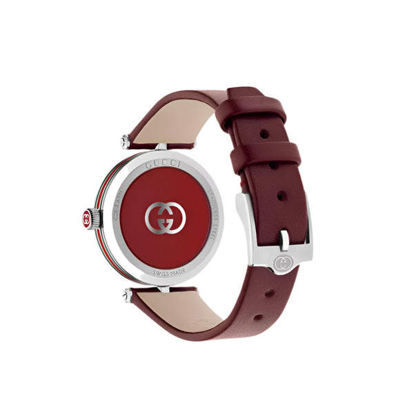 Gucci Model 2000 Quartz Red Leather Strap Silver Dial 30mm Ladies Watch YA167508