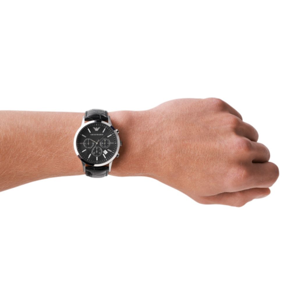 Emporio Armani Renato Quartz Black Leather Black Dial 43mm Watch AR244 Bannon Jewellers