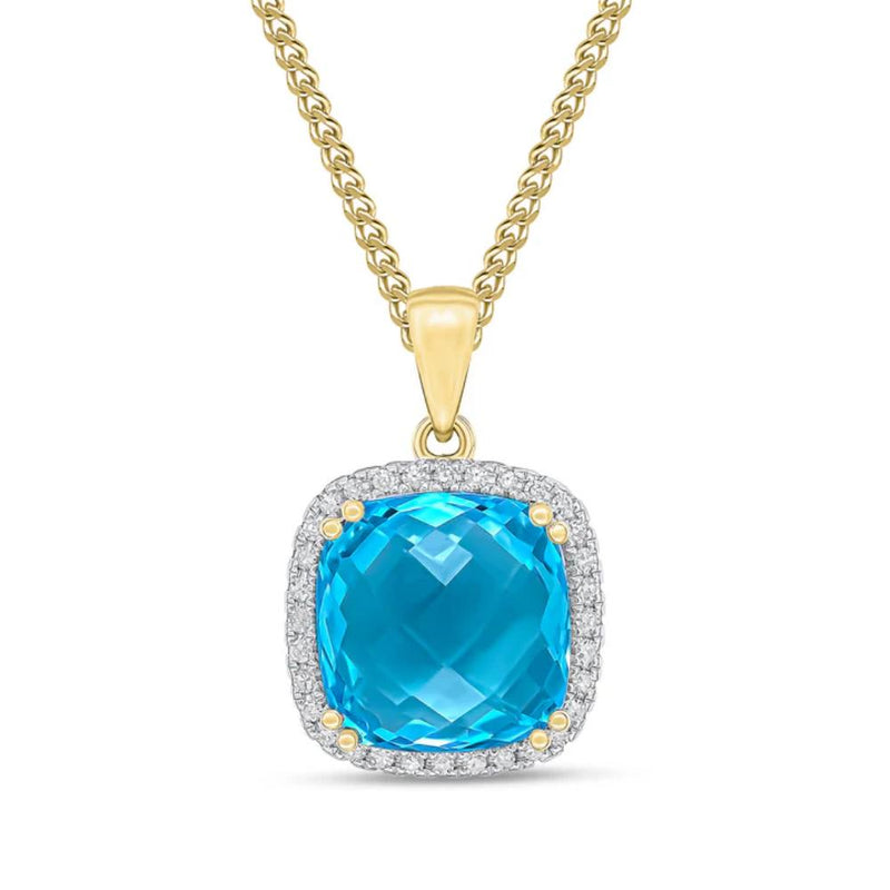 9ct Gold Diamond & Cushion Blue Topaz Necklace