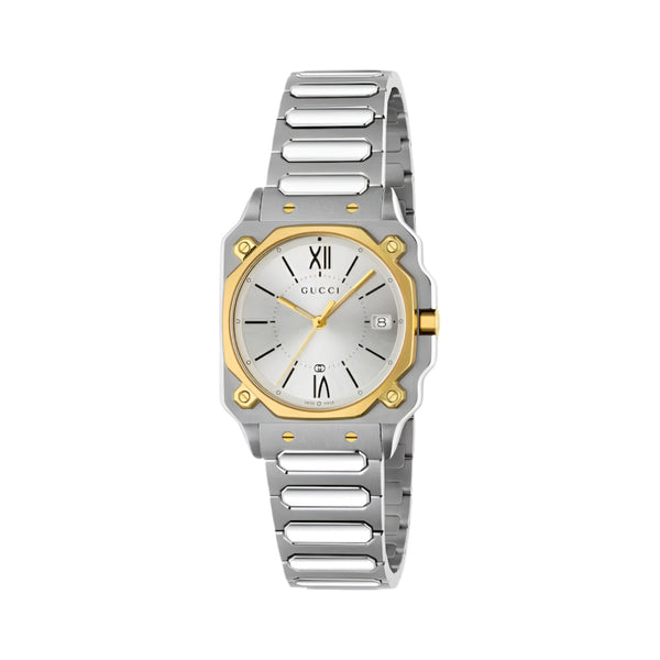 Gucci G-Flat Quartz Silver Tone with Yellow Gold PVD 30mm Watch YA166506