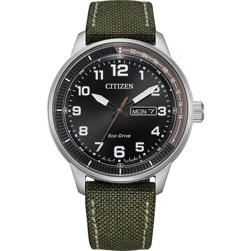 Citizen Weekender Eco-Drive Green Fabric Strap Black Dial 42mm Watch BM8590-10E