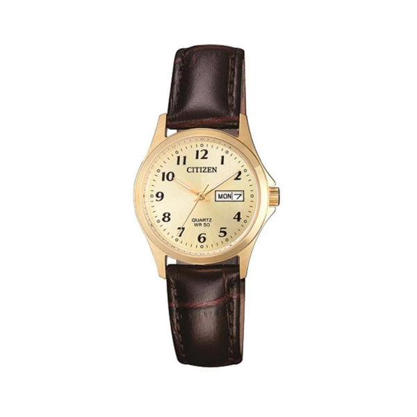 Citizen Quartz Brown Leather Gold Dial 26mm Ladies Watch EQ2202-07P