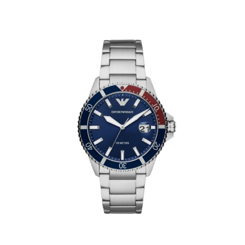 Armani silver watch blue face best sale