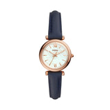 Fossil Carlie Mini Quartz Rose Gold Blue Leather 28mm Ladies Watch ES4502