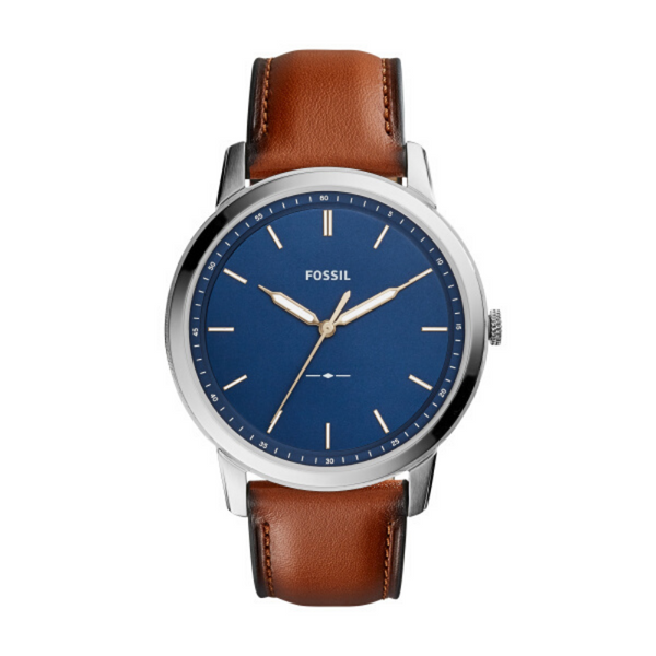 Mens Blue Dial Fossil Mimimalist Brown Leather Strap Watch FS5304